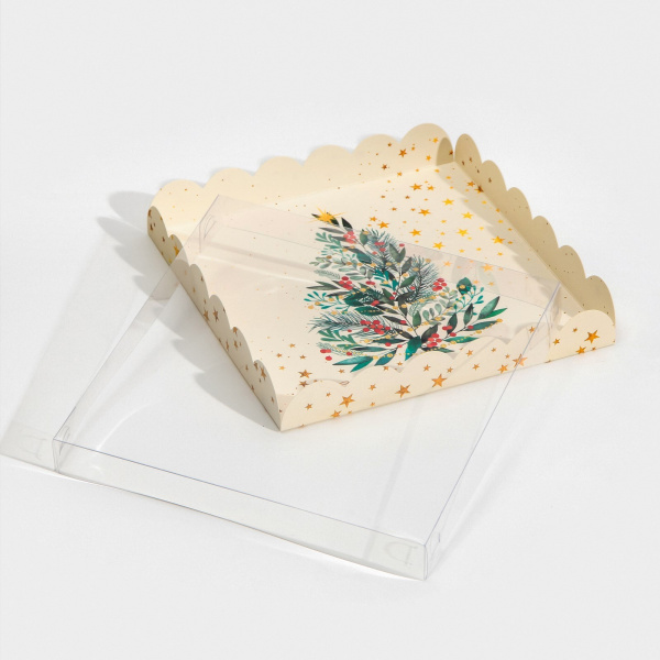 Коробка для кондитерских изделий с PVC крышкой «Елка», 21 × 21 × 3 см